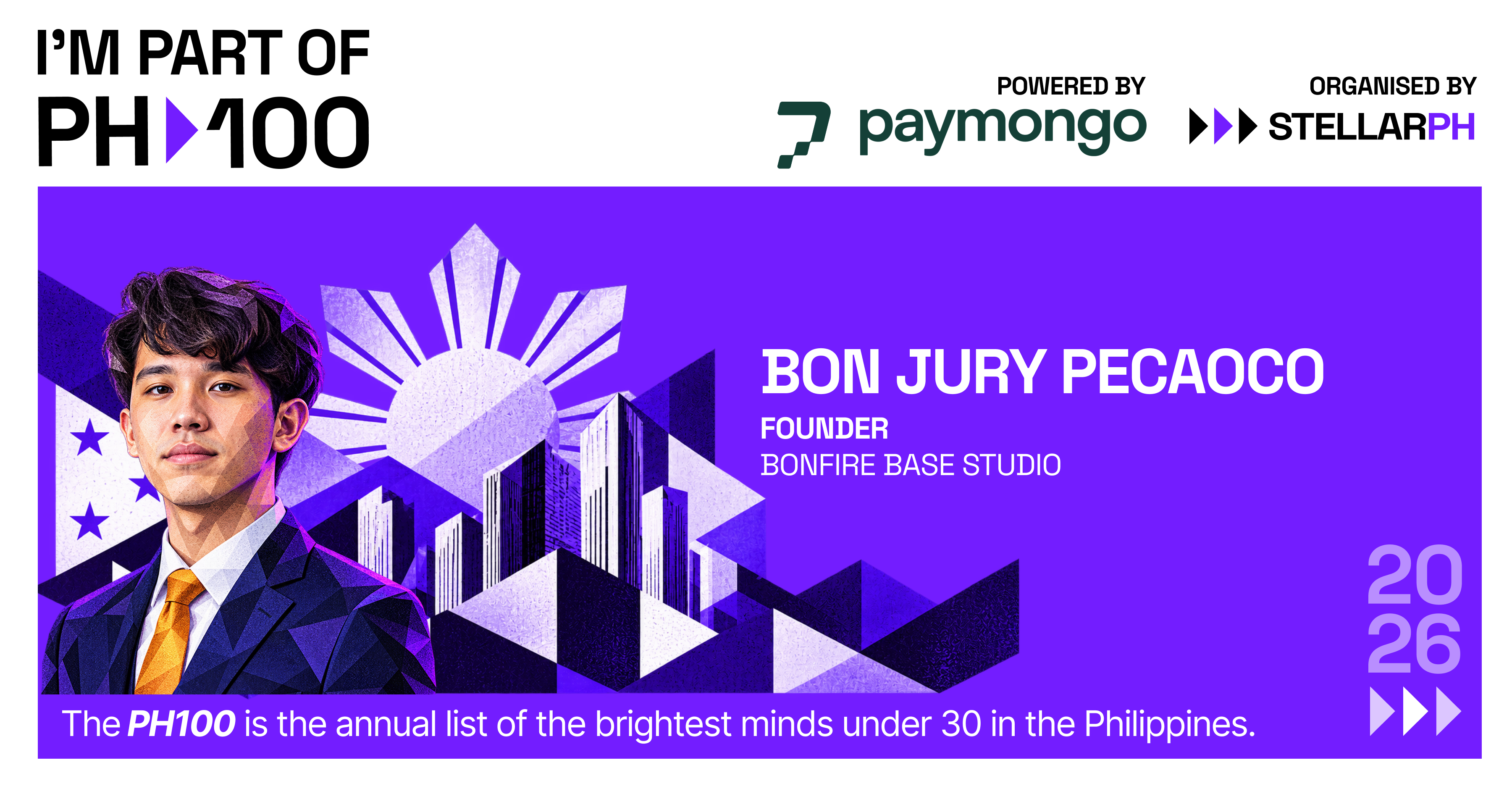 Bon Jury Pecaoco - Founder Bonfire Base Studio - PH100 List of the Brightest Minds Under 30 in the Philippines
